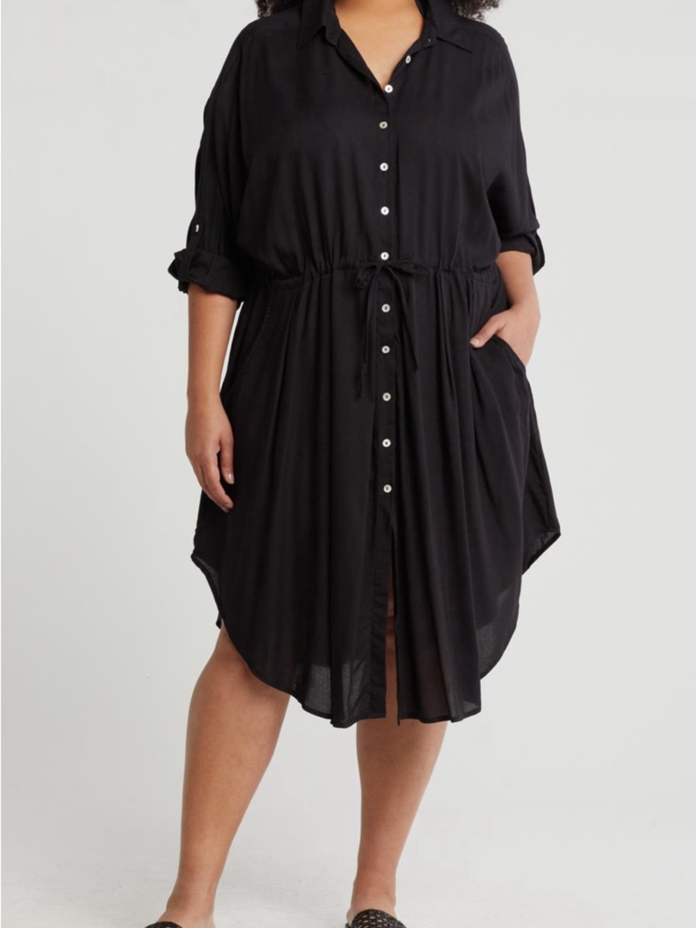 Black Button-Front Dress with Drawstring Waist